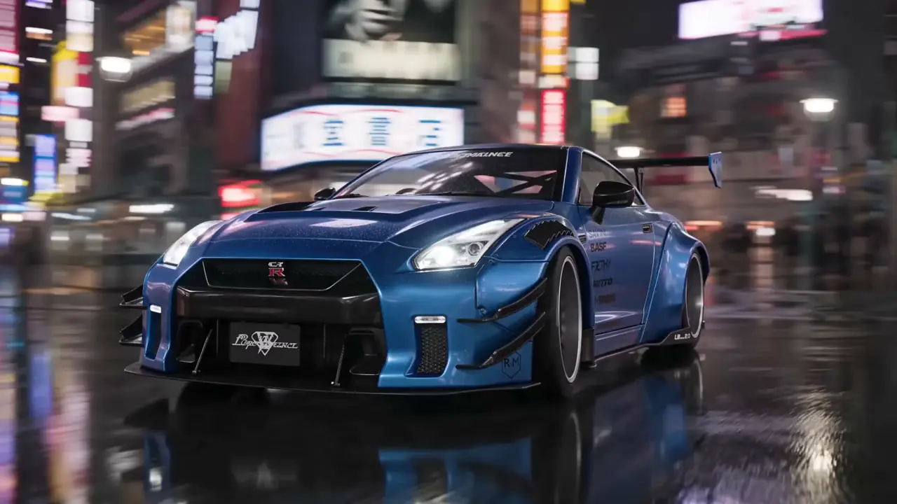 R35 GT-R — 네온이 젖은 노면에 반사되는 밤 도심 렌더
